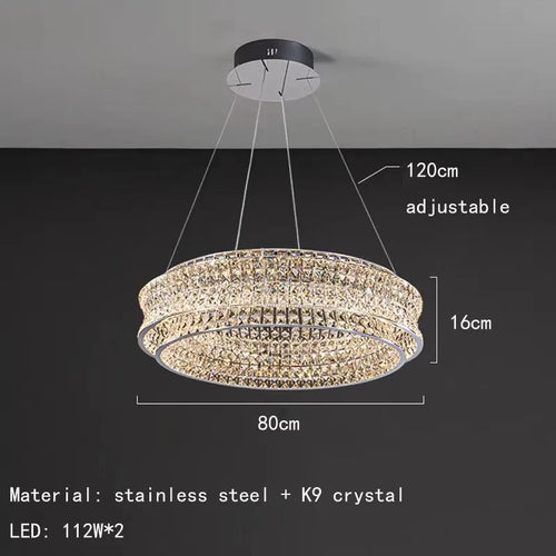 Modern clear crystal chandelier in stainless steel with dimmable light and adjustable cord - vue 9 sur 9