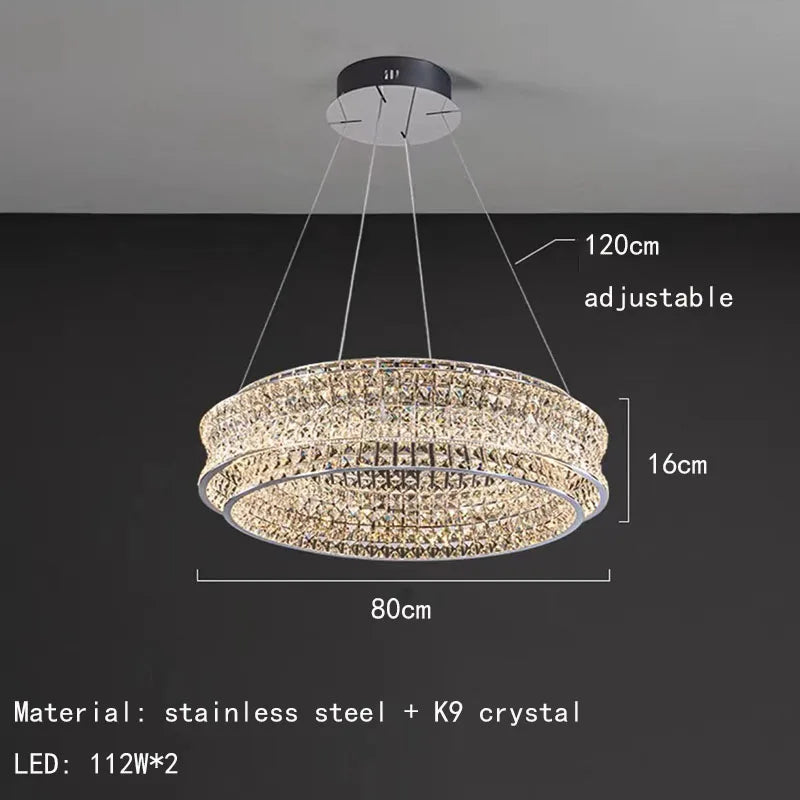 Modern clear crystal chandelier in stainless steel with dimmable light and adjustable cord - vue 8 sur 9