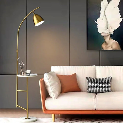 Nordic design gold shelf floor lamp with marble side table for living room, bedroom or office - vue 5 sur 10