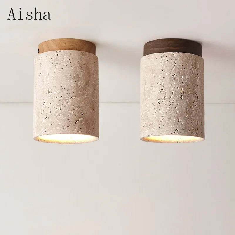 Japanese stone ceiling light with walnut base