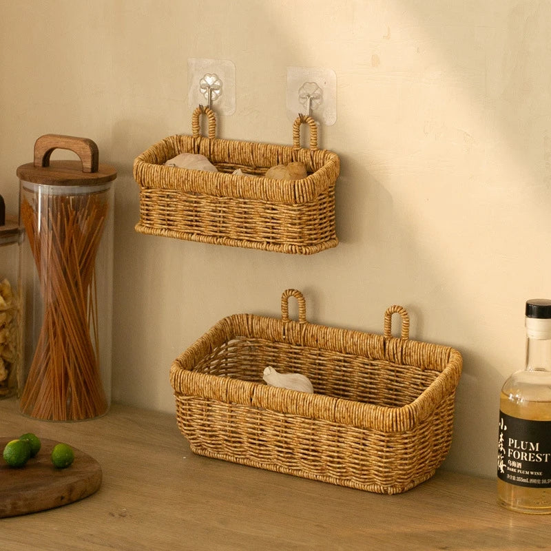 Wicker wall-mounted woven storage basket for vegetables