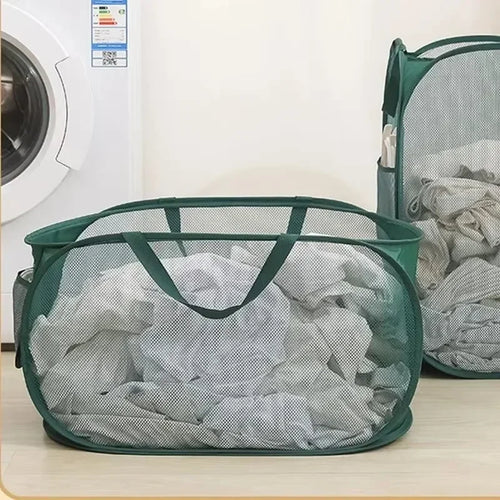 Durable Collapsible Laundry Basket, Mesh Pop Up Laundry Hamper With Side Pocket, Foldable Clothes Storage Hamper With Reinforced - vue 6 sur 9