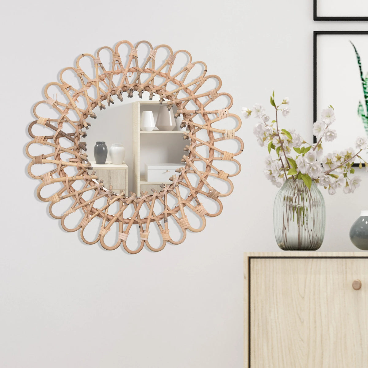 Wall Mirror, Round Wicker Rattan Decorative Mirror, Rustic Natural Rattan Wall Decor with Mounted Frame for Bathroom Hallway - vue 4 sur 7