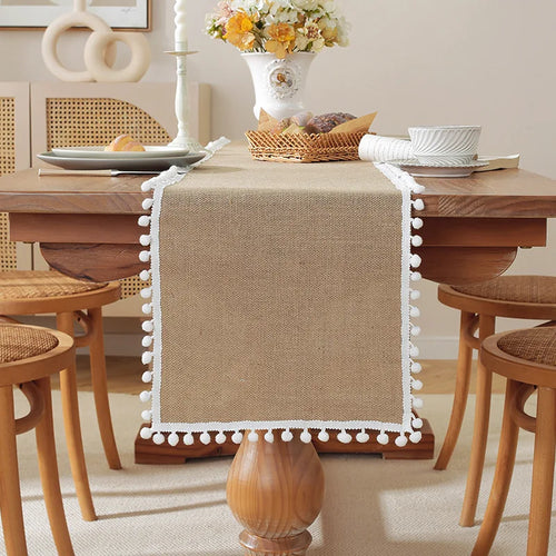 Rustic beige macramé table runner, bohemian style