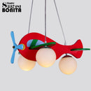 Wood and glass cartoon airplane pendant light for children