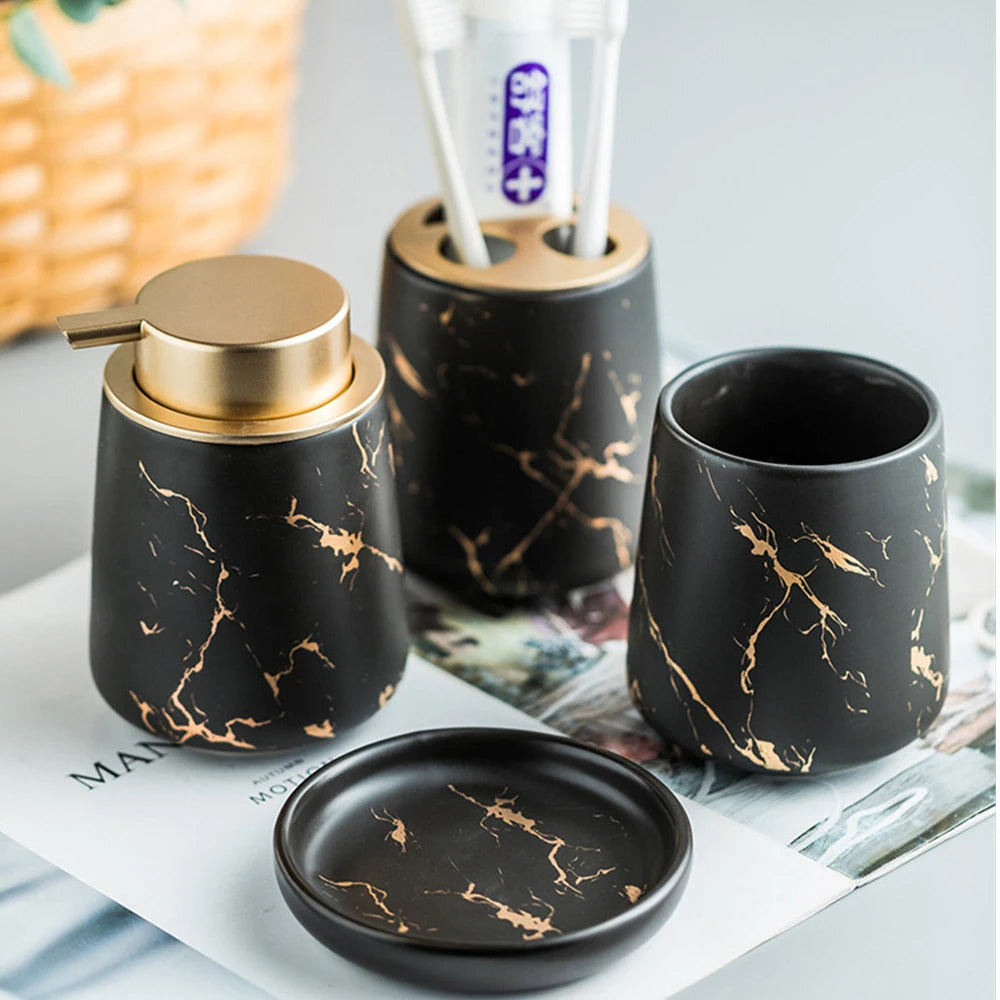 Ceramic soap dispenser and complete bath accessories set