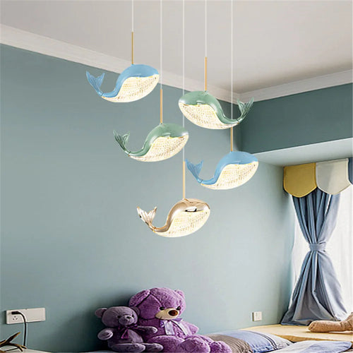 Golden dolphin acrylic LED pendant light for children - vue 5 sur 10