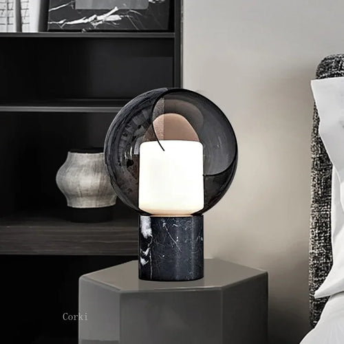 designer marble desk lamp with modern glass shade - vue 3 sur 8