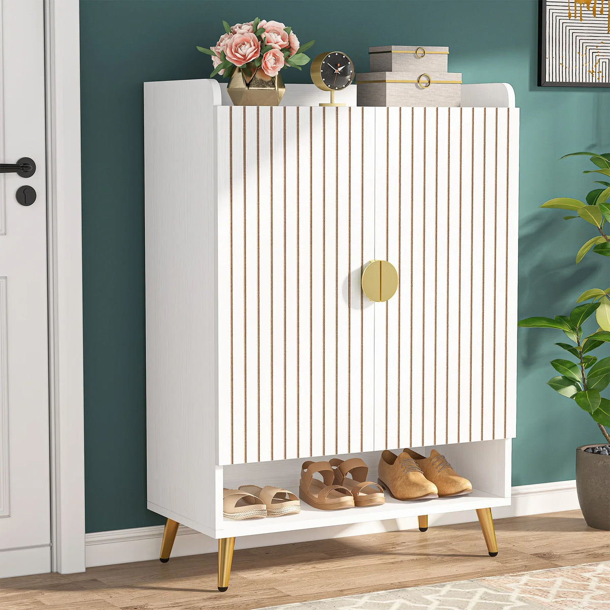 Tribesigns 7-Tier Shoe Cabinet with Doors, Shoe Storage Cabinet with Adjustable Shelves, Wooden Shoes Rack Shoe Storage
