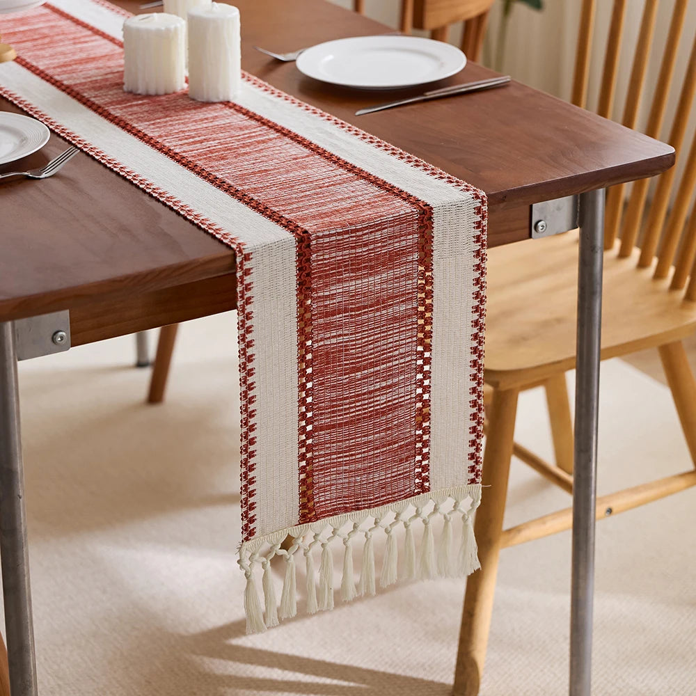 Bohemian striped red and beige table runner with tassels