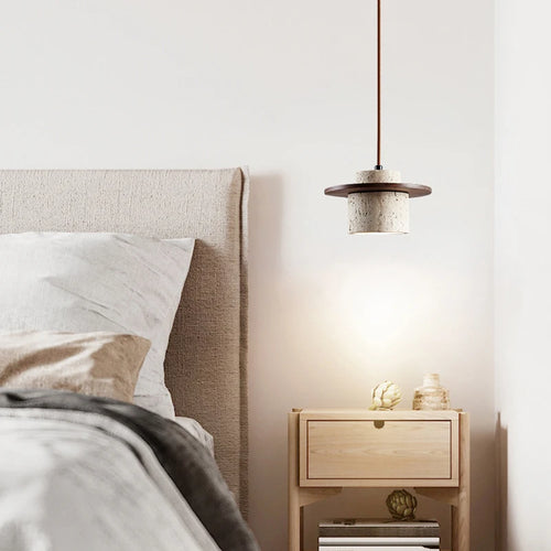 Stone and wood pendant light with adjustable cord - vue 5 sur 8