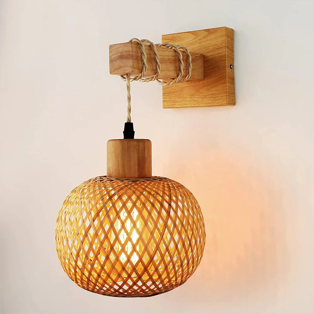 Wicker wall light bamboo rattan wooden lantern farmhouse bathroom sconce - vue 4 sur 4