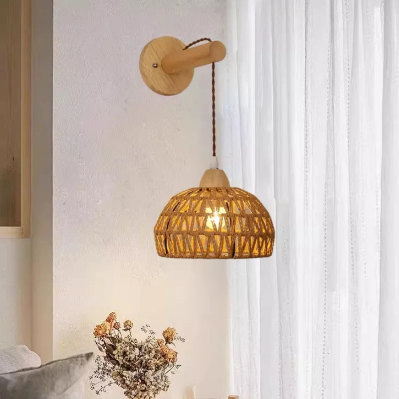 Nordic woven wood rope LED wall light