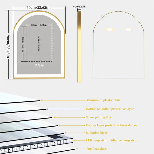 Gold anti-fog LED wall mirror with variable lighting and aluminium frame - vue 6 sur 6