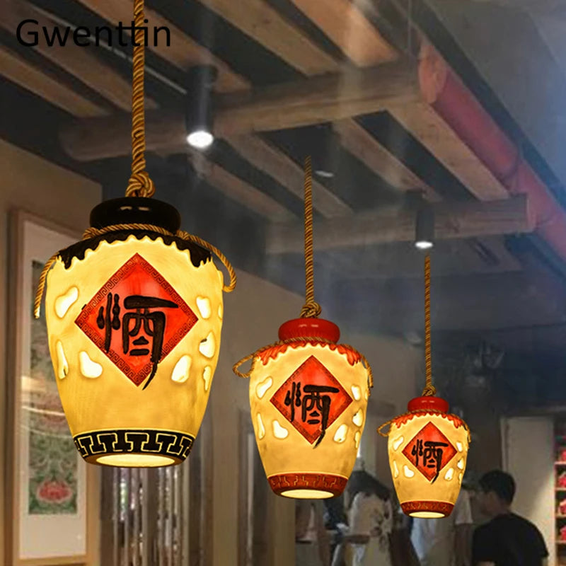 Chinese style wine jar pendant light for indoor decor