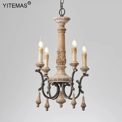 Retro wooden chandelier 4 lights for entryway, bedroom or dining room, 6 lights vintage French chandelier for living room or foyer - vue 2 sur 8