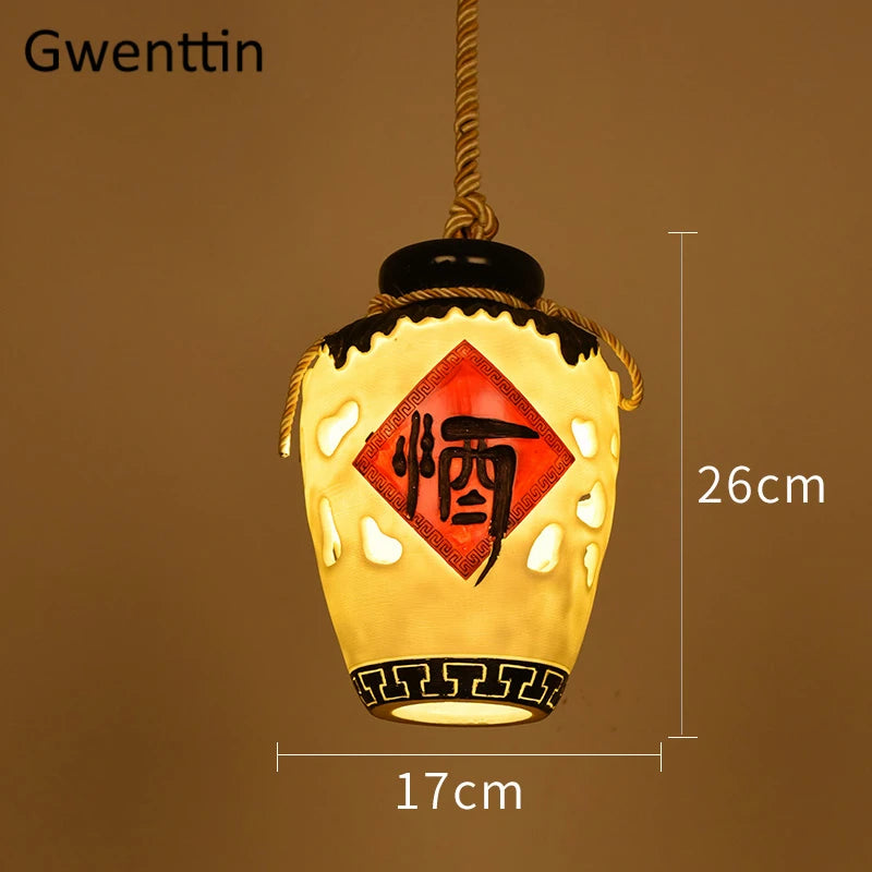 Chinese style wine jar pendant light for indoor decor - vue 9 sur 12