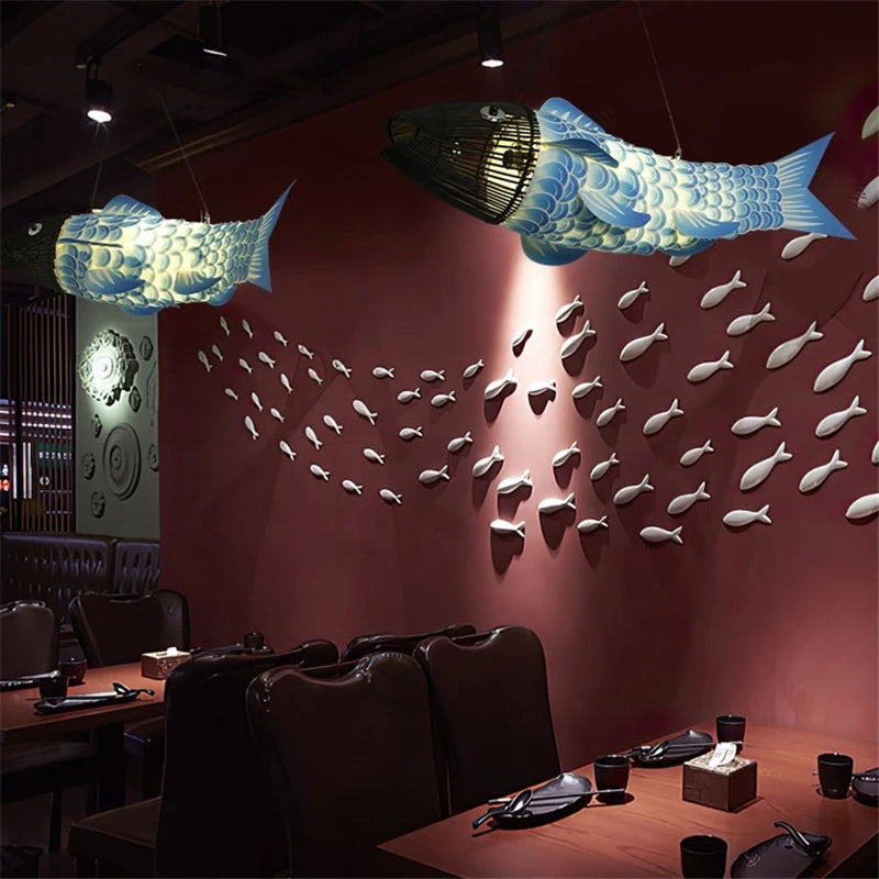 Creative Chinese style bamboo chandelier with large fish