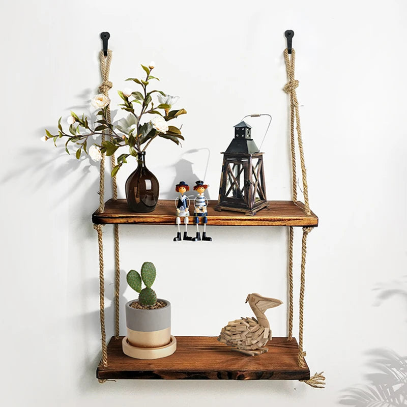 wooden wall shelf with hemp rope for modern decoration