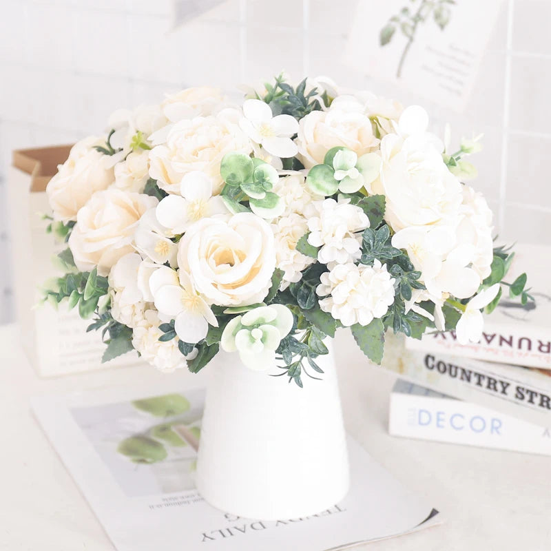 Artificial silk peony and hydrangea bouquet for wedding and home decoration - vue 6 sur 40