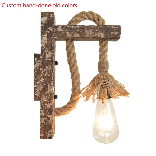 Vintage industrial wood and hemp rope LED wall light loft - vue 13 sur 15