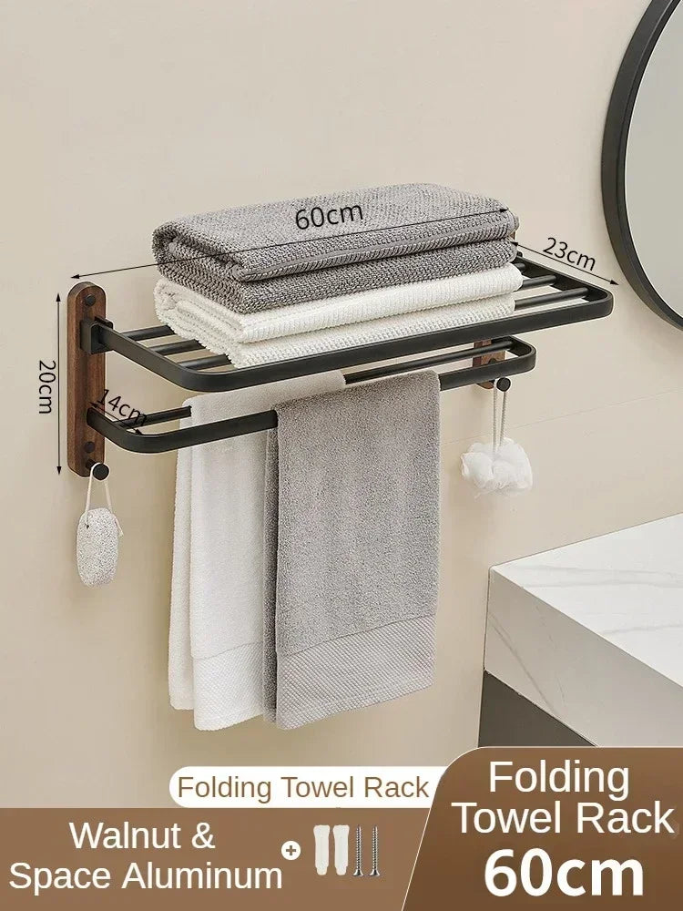 Wood and aluminium wall-mounted towel rack and shower accessories organiser - vue 13 sur 16