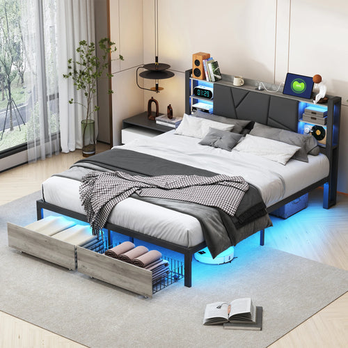 Double Bed with Metal Slatted Base,Platform Bed Frame with LED and 2 Drawers,Headboard with Storage Space,without mattress - vue 4 sur 7
