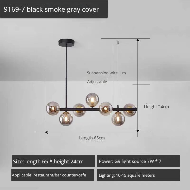 Modern long glass ball chandelier with LED pendant lampshade