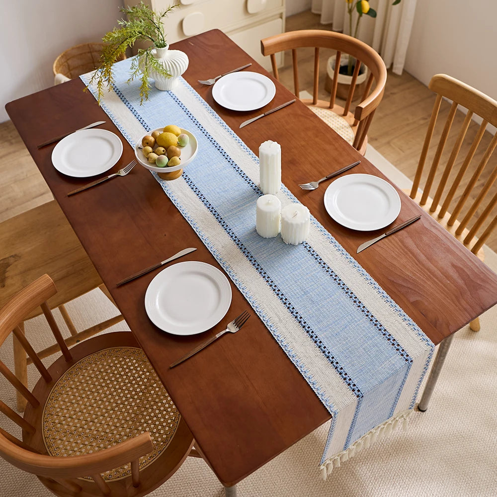 Bohemian woven red striped table runner with tassels