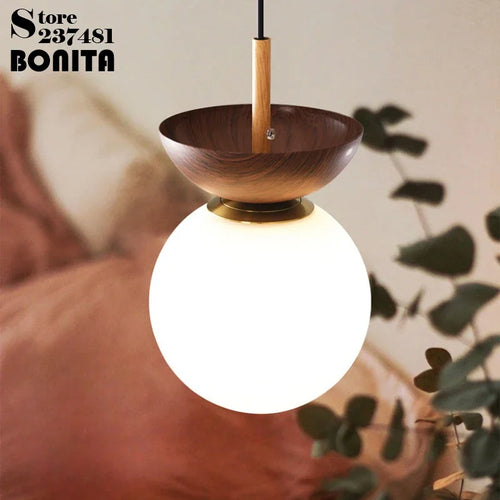 Round glass and Japanese walnut wood pendant light - vue 2 sur 10