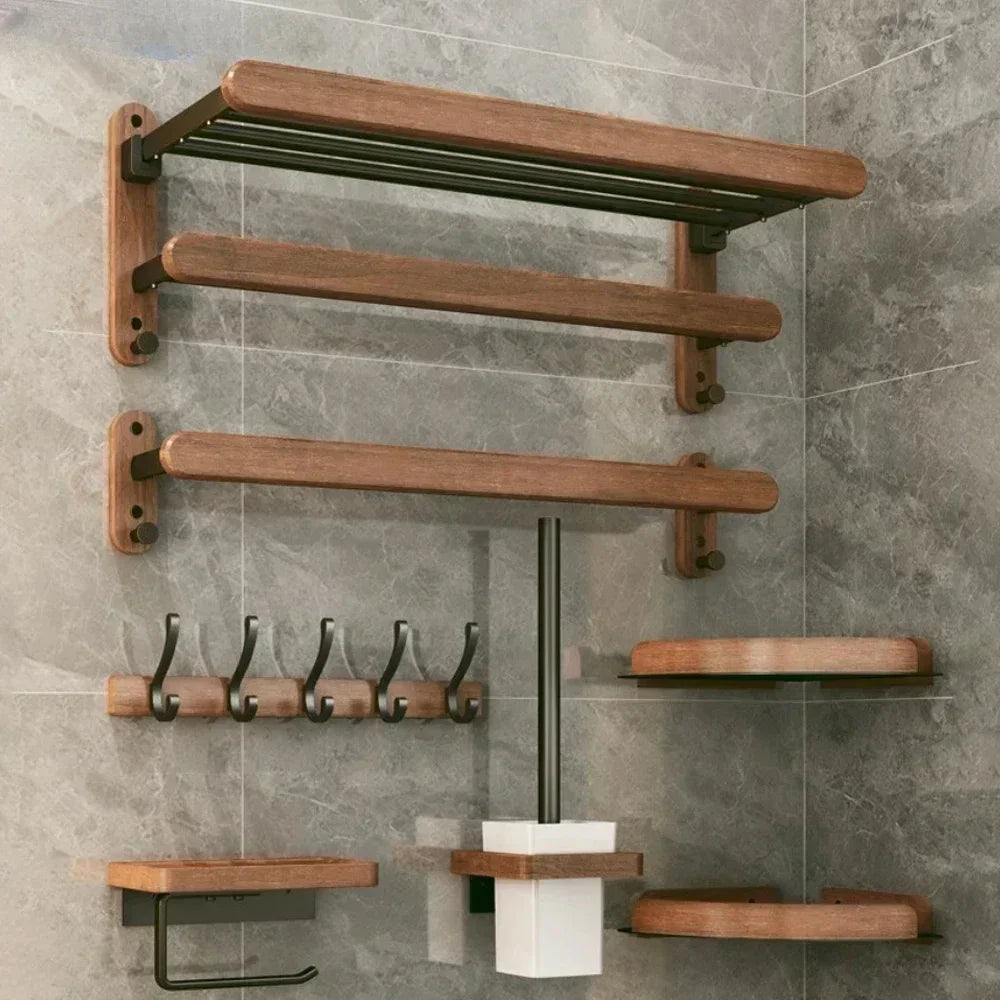 Wood and aluminium wall-mounted towel rack and shower accessories organiser - vue 6 sur 16