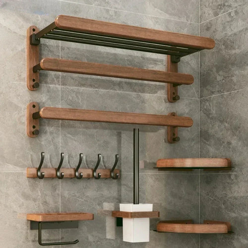 Wood and aluminium wall-mounted towel rack and shower accessories organiser - vue 7 sur 16