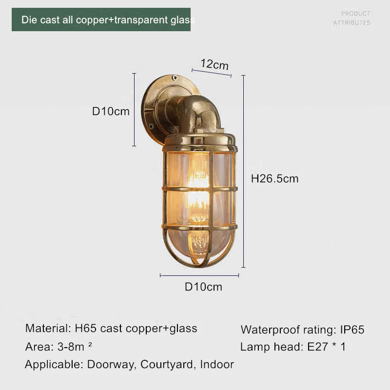 Retro brass wall light industrial style waterproof for outdoor use - vue 12 sur 16