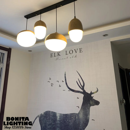 Modern glass and wood pendant light with mushroom design - vue 4 sur 8
