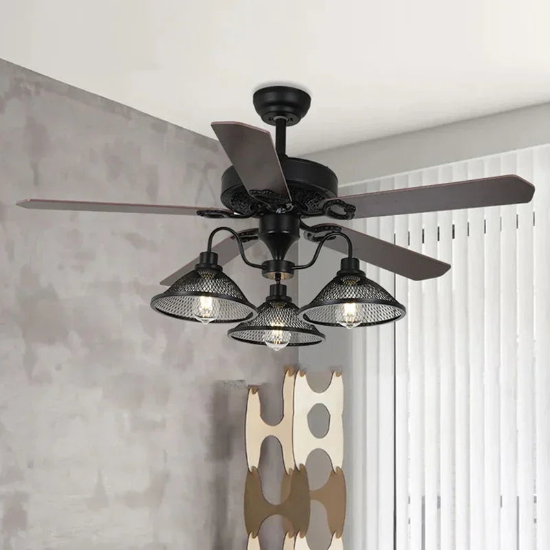 Industrial ceiling fan with light and remote control, retro 3 lights