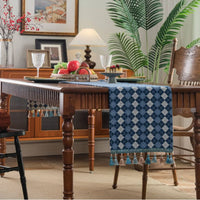 Green jacquard floral table runner with tassels, country style