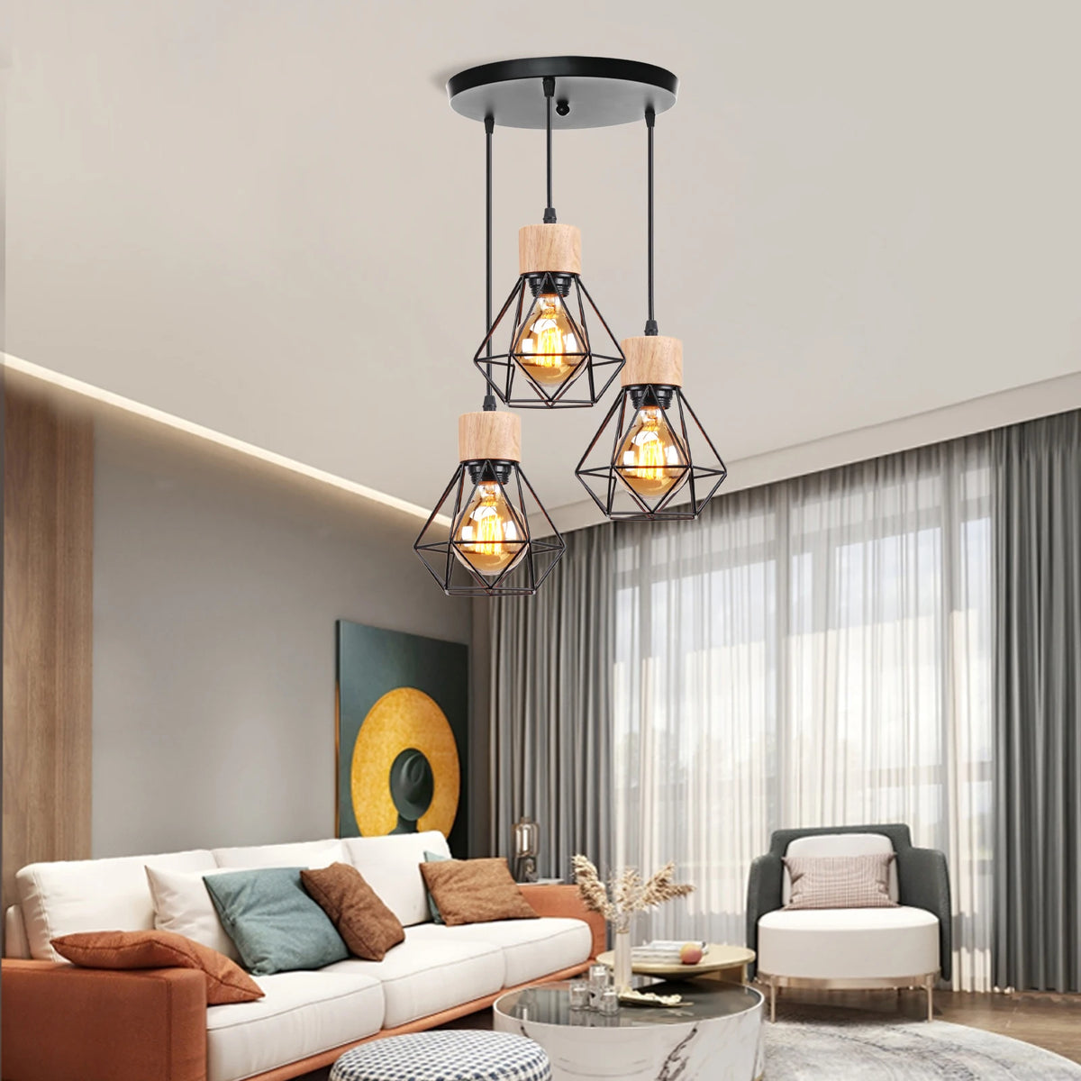 Vintage industrial wood pendant light with LED - vue 4 sur 14