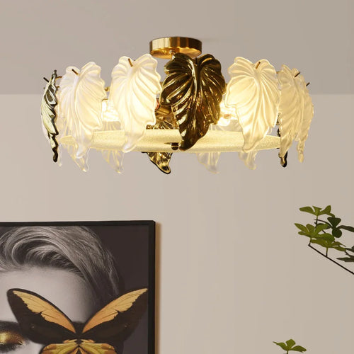 French vintage-style glass leaves LED ceiling light - vue 2 sur 9