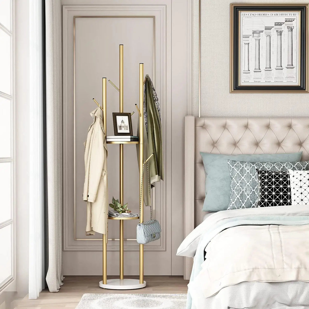 sturdy metal coat rack with integrated shelves and hooks