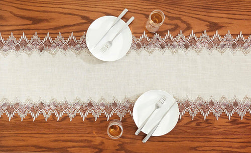Elegant classic lace style embroidered linen table runner - vue 6 sur 7