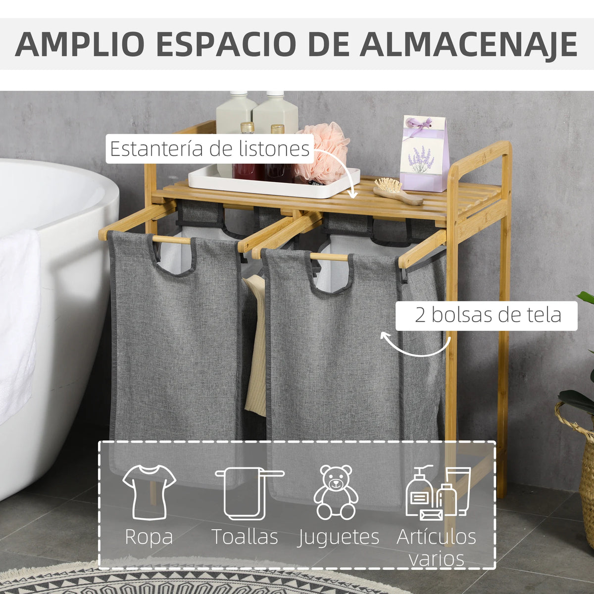 HOMCOM bamboo dirty laundry basket with 2 removable bags 63.5x33x73cm Natural - vue 3 sur 7