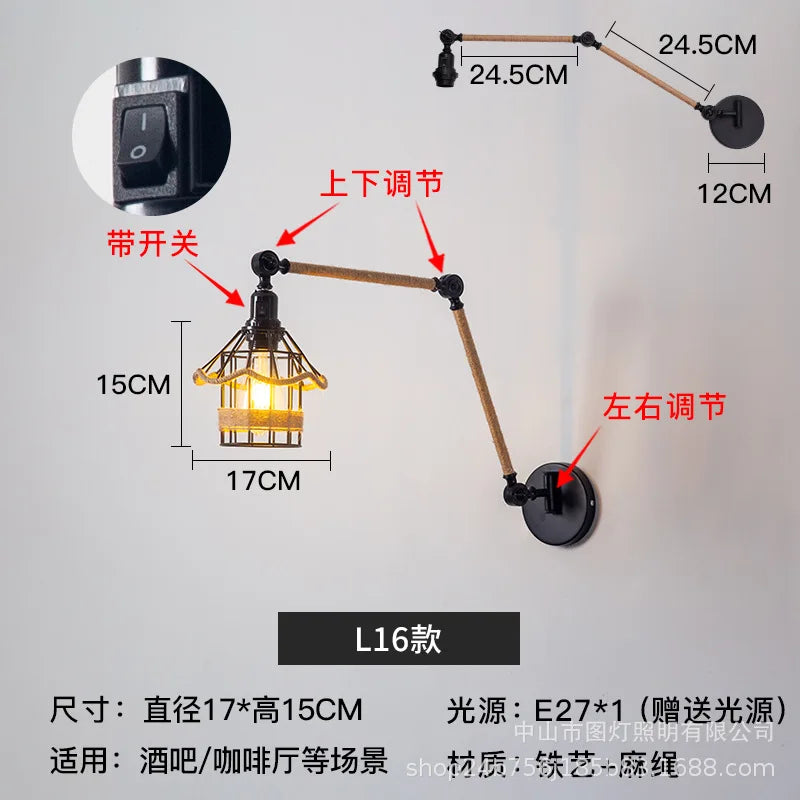 Nordic telescopic wall lamp with adjustable swivel arm and hemp rope - vue 19 sur 22