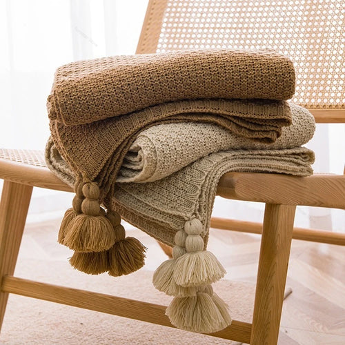 Chunky waffle knit throw with pompom nordic style - vue 3 sur 7