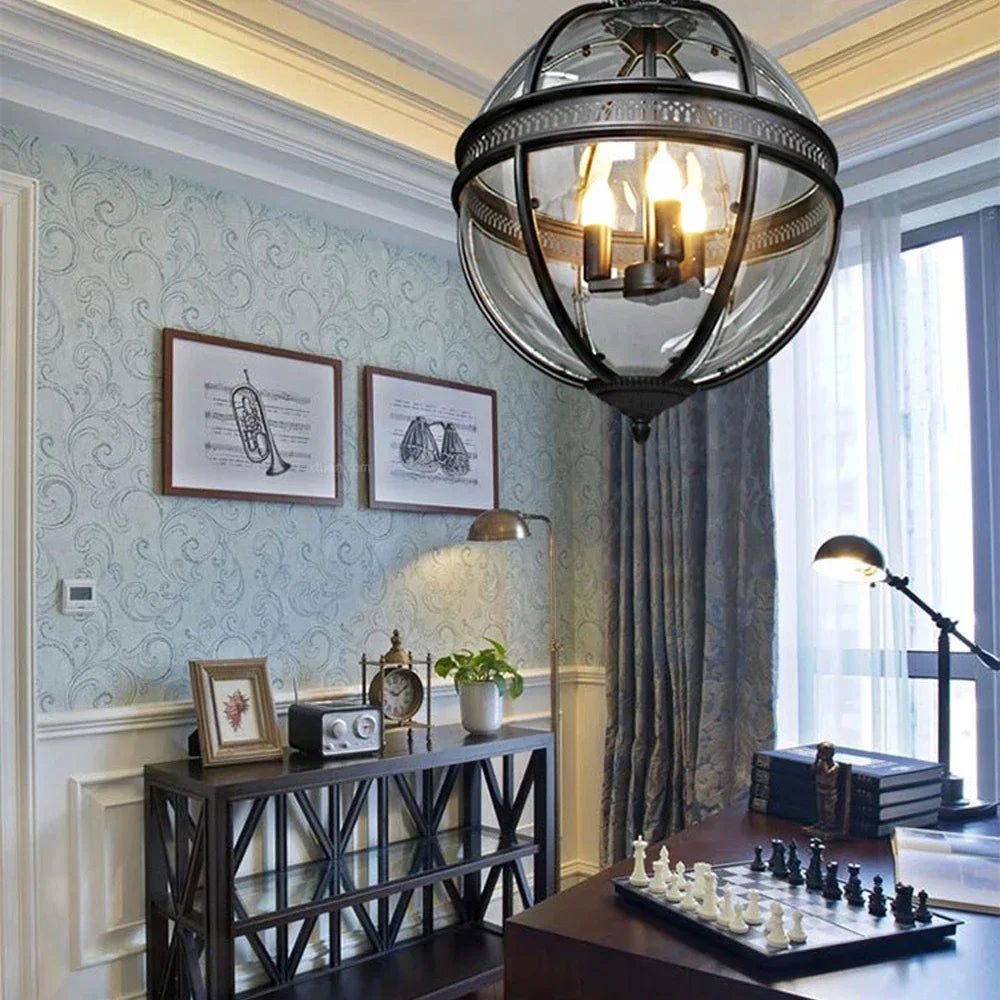 Retro spherical chandelier in iron and glossy glass - vue 3 sur 11
