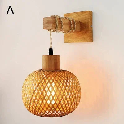 Rattan and wood wall light Japanese style indoor decor - vue 8 sur 8