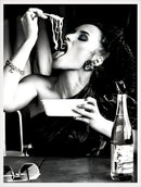 Wall art poster women drinking wine and eating spaghetti home decor gift