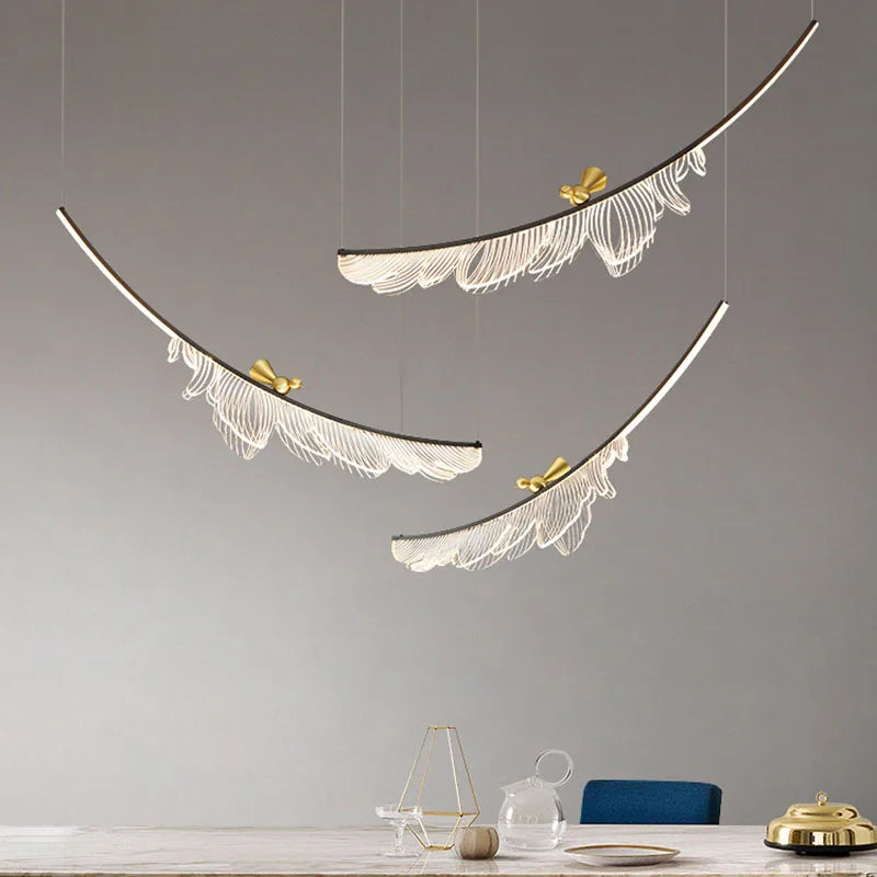 Artistic designer feather and metal wire adjustable chandelier