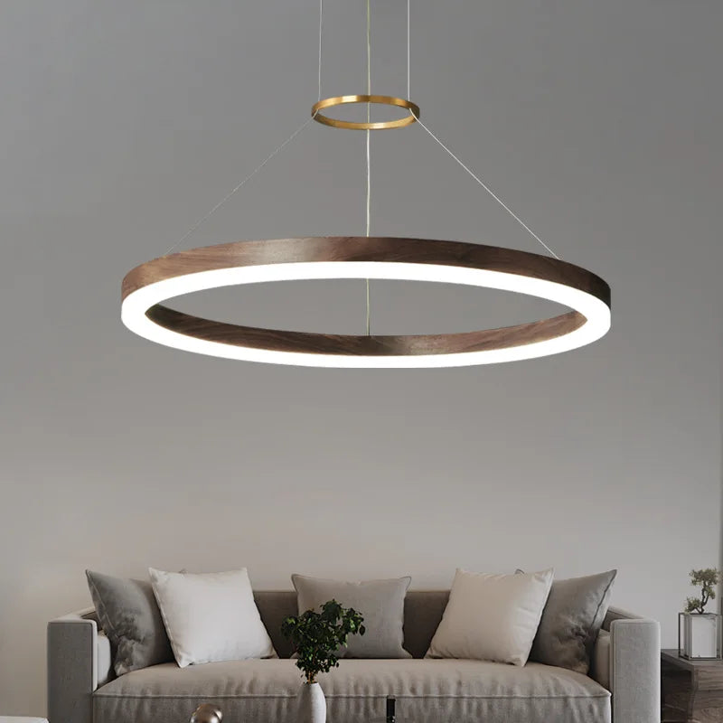 Modern solid wood LED chandelier in black walnut for home decor - vue 4 sur 9