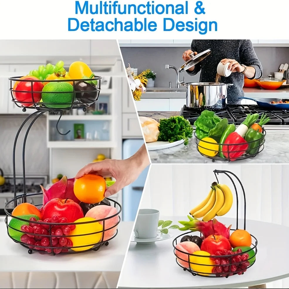 Two-tier fruit basket with metal banana holder - vue 6 sur 7