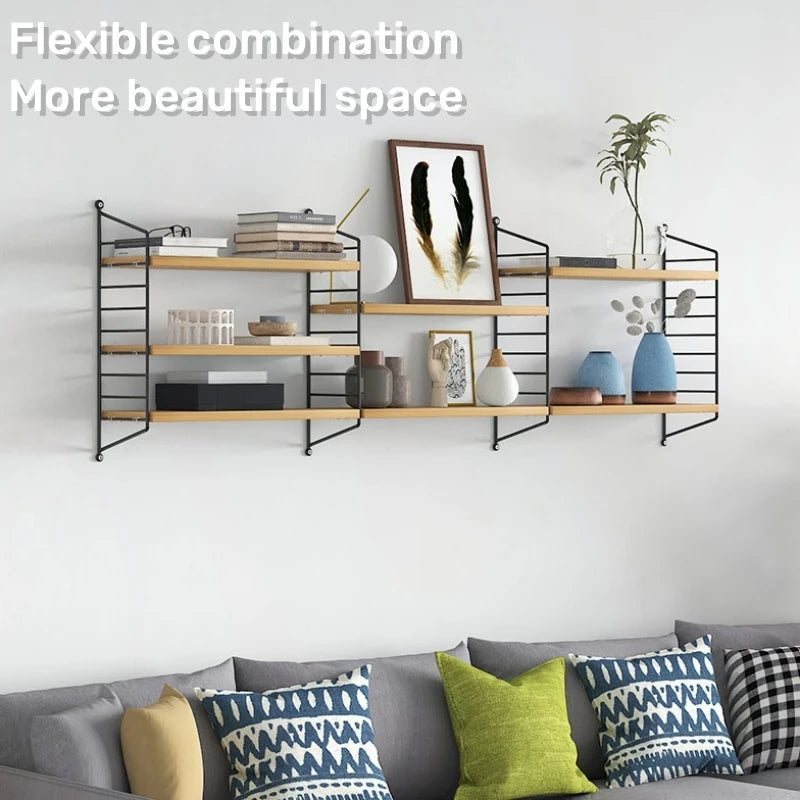 decorative wrought iron and wood wall shelves for storage and books